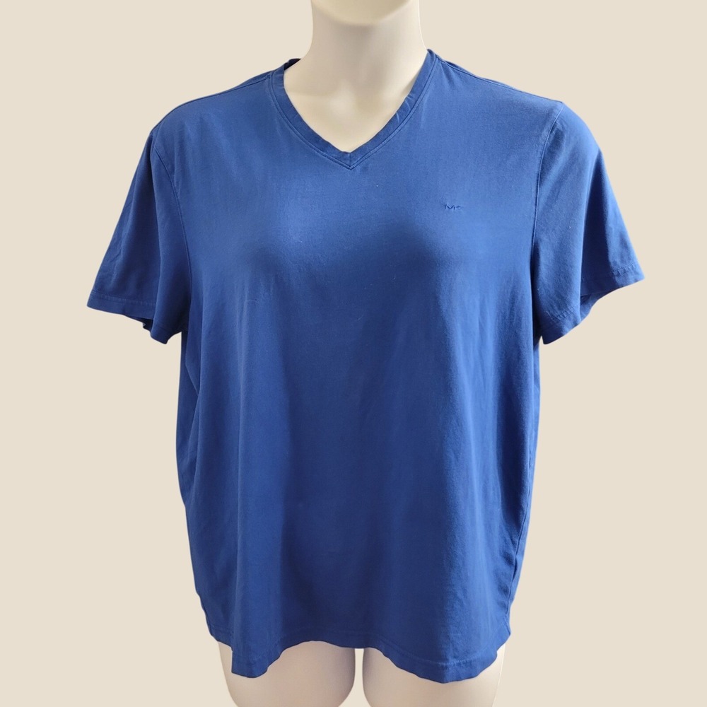 Michael Kors Womens Royal Blue V-Neck Cotton T-Shirt‎ MK Logo Sz LG Minimalist